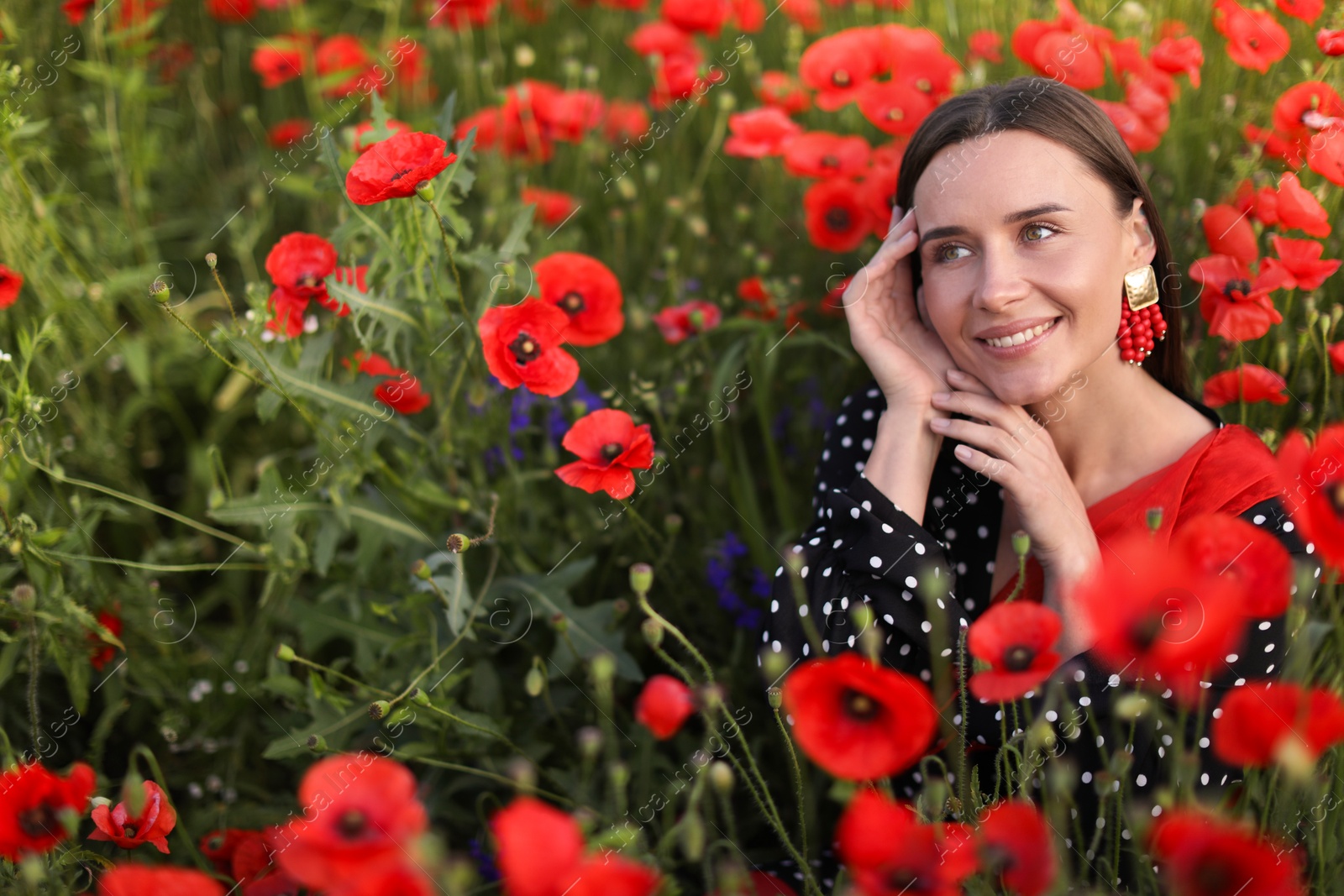 Smiling woman among red poppy flowers in morning wildflower meadow Photo of Smiling woman among red poppy flowers in morning wildflower meadow
