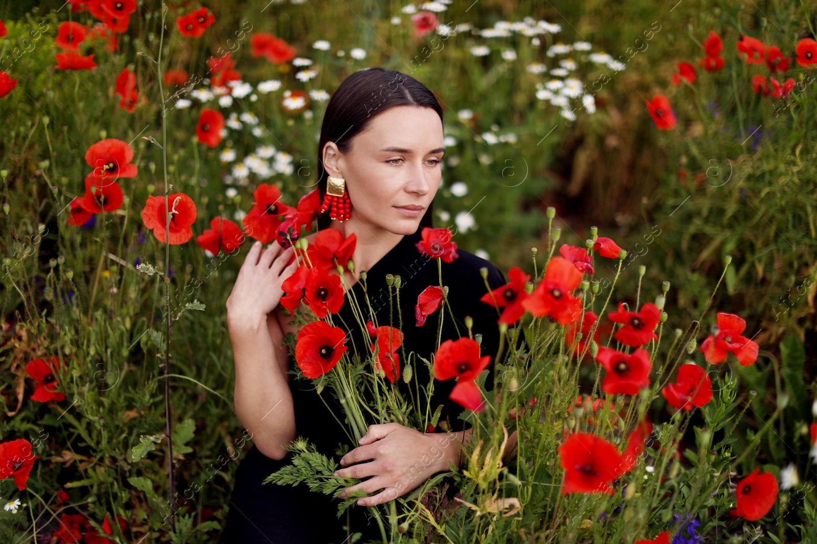 Beautiful woman among red poppy flowers in wildflower meadow Photo of Beautiful woman among red poppy flowers in wildflower meadow