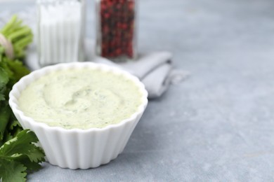 Photo of Tasty cilantro sauce in bowl on grey table, closeup. Space for text