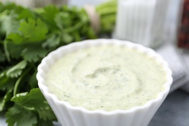 Photo of Tasty cilantro sauce in bowl on grey table, closeup