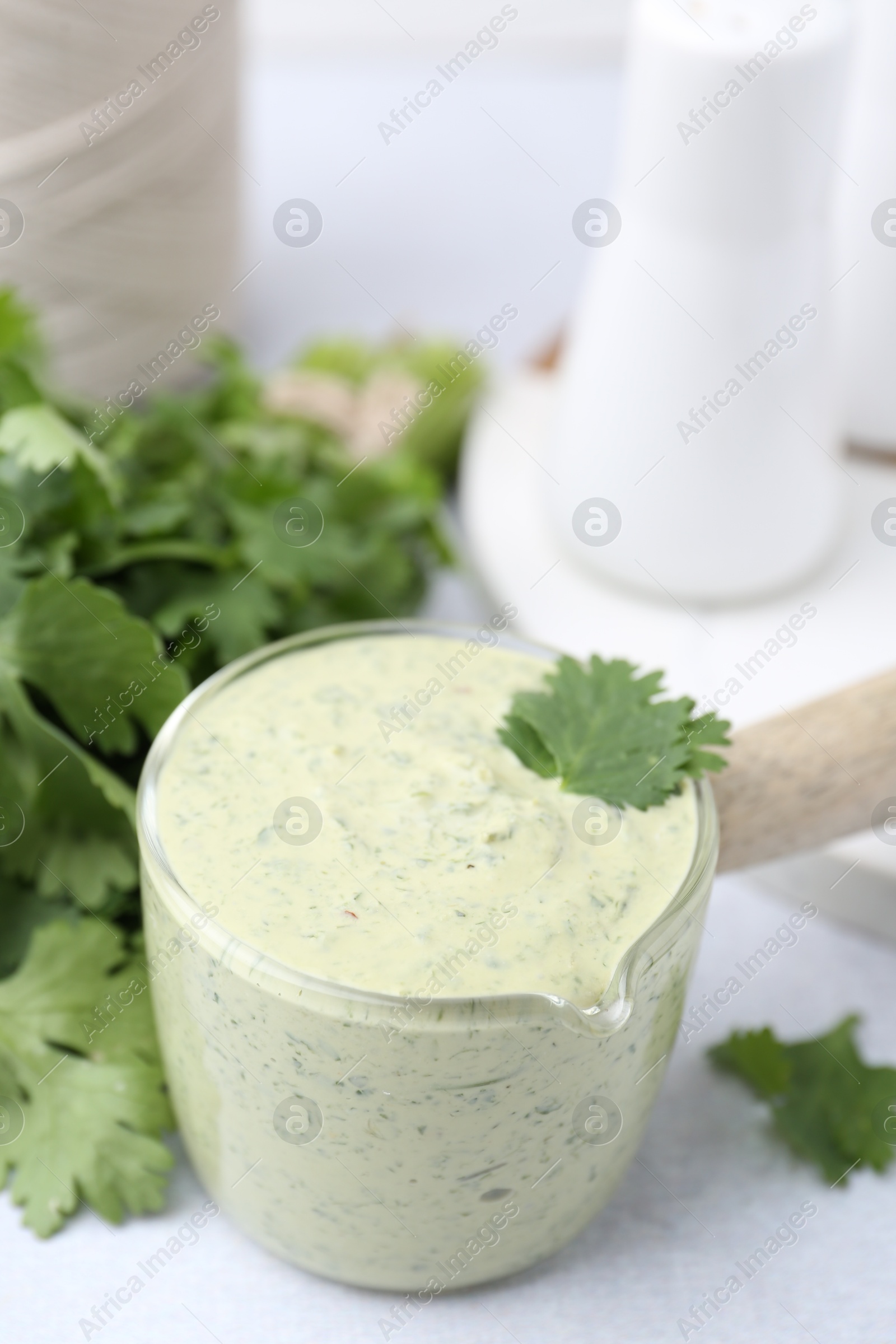 Tasty cilantro sauce on light grey table, closeup Photo of Tasty cilantro sauce on light grey table, closeup