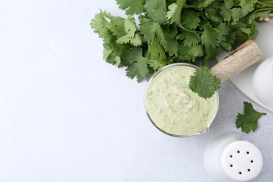 Photo of Tasty cilantro sauce on light grey table, flat lay. Space for text