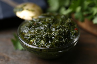 Photo of Tasty cilantro sauce in bowl on brown table, closeup