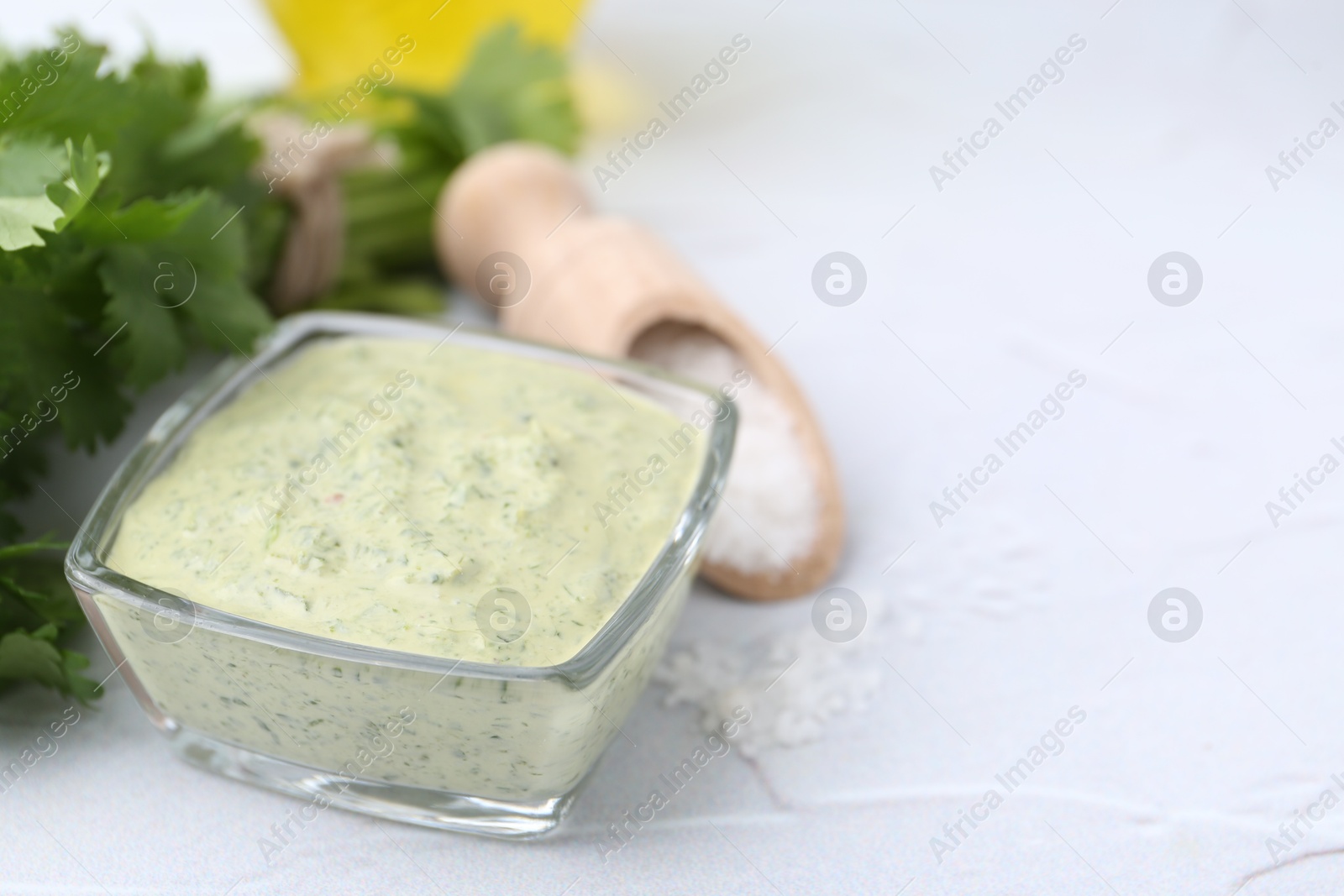 Tasty cilantro sauce in bowl and salt on light textured table, closeup. Space for text Photo of Tasty cilantro sauce in bowl and salt on light textured table, closeup. Space for text