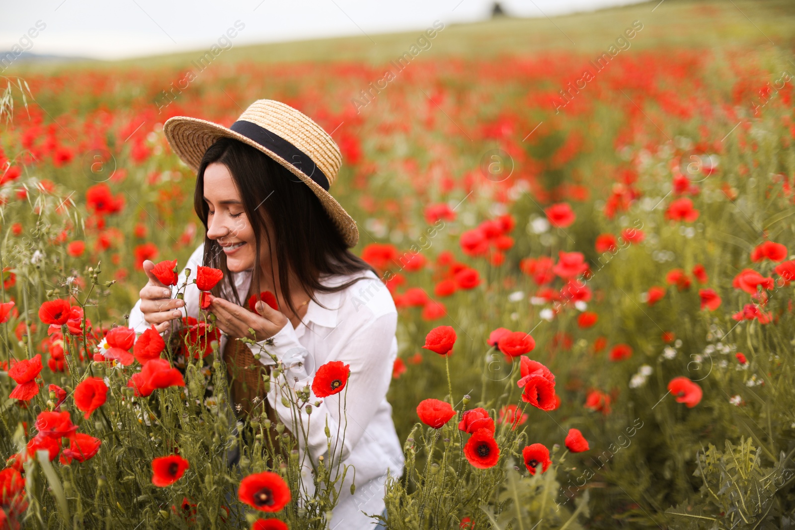 Photo of Smiling woman in hat sniffing red poppy flowers in wildflower meadow