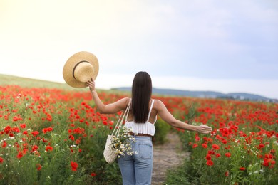 Photo of Woman with hat and bag of chamomile flowers in wildflower meadow, back view