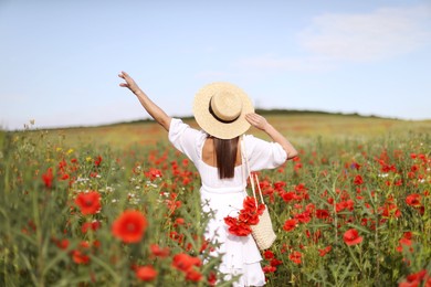 Photo of Woman in hat with bag of poppy flowers in wildflower meadow, back view