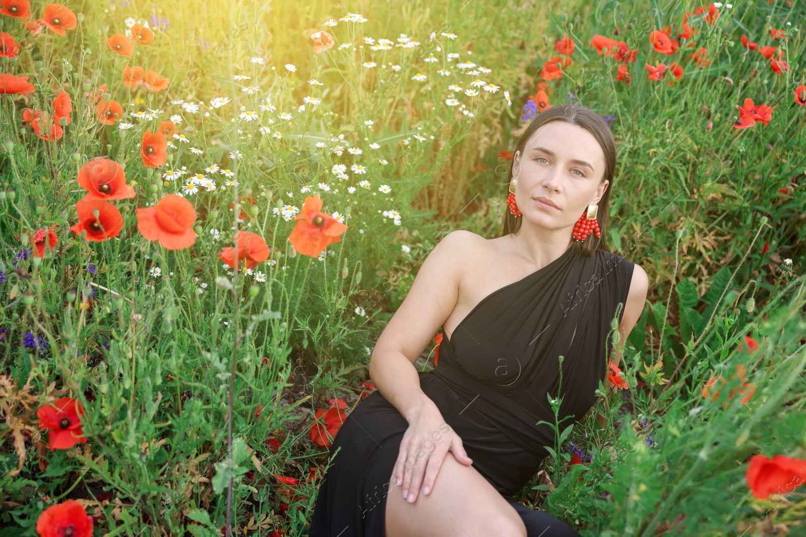 Beautiful woman posing among wildflowers in morning meadow Photo of Beautiful woman posing among wildflowers in morning meadow