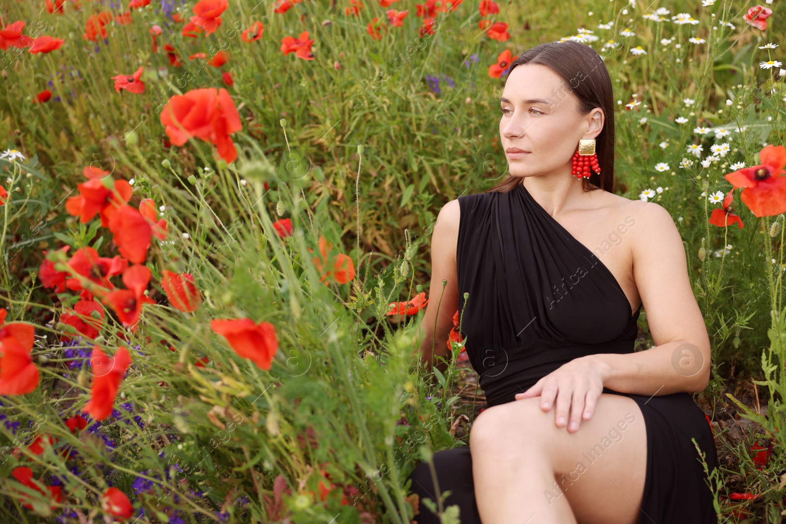 Photo of Beautiful woman posing among wildflowers in meadow