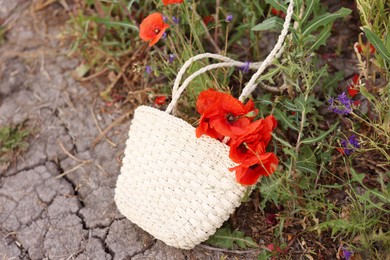 Photo of Wicker bag with red poppy flowers on soil outdoors