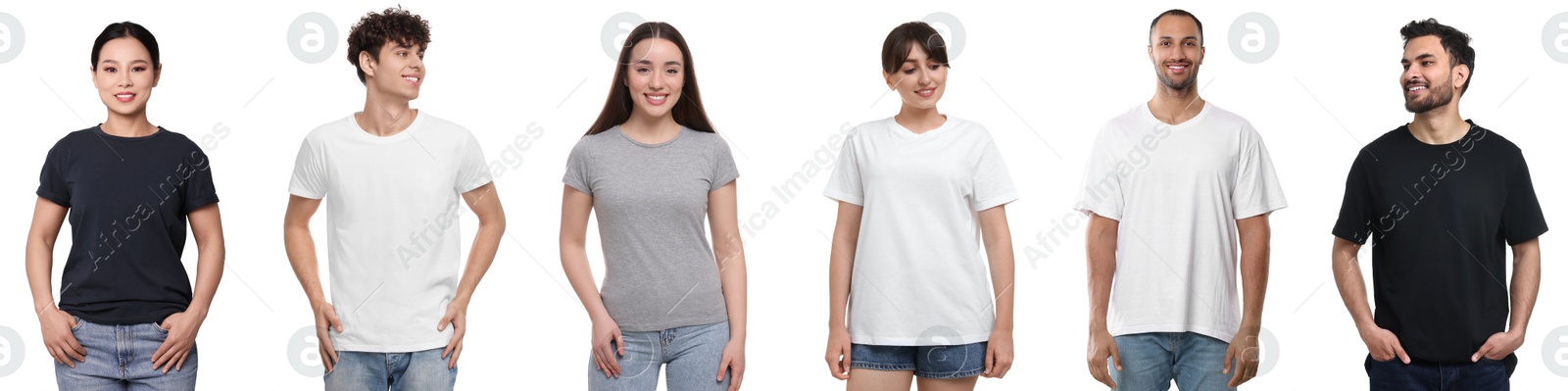 People in different t-shirts against white background. Mockup for design Image of People in different t-shirts against white background. Mockup for design