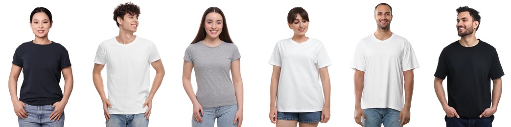 Image of People in different t-shirts against white background. Mockup for design