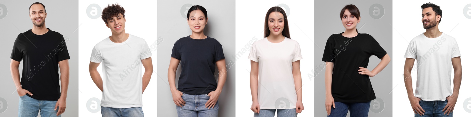 People in different t-shirts against white and grey backgrounds. Mockup for design Image of People in different t-shirts against white and grey backgrounds. Mockup for design