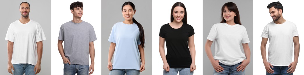 Image of People in different t-shirts against white and grey backgrounds. Mockup for design