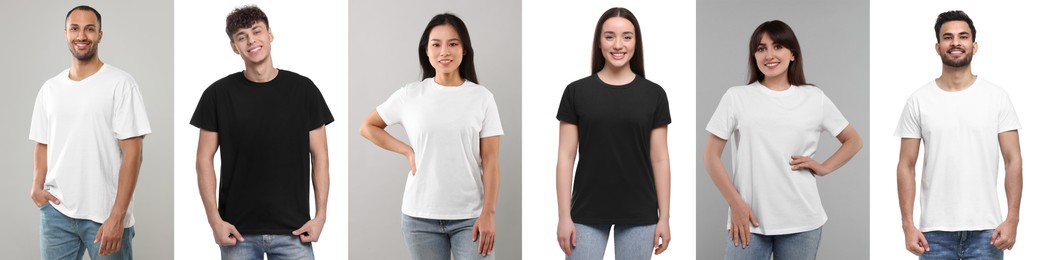 Image of People in different t-shirts against white and grey backgrounds. Mockup for design