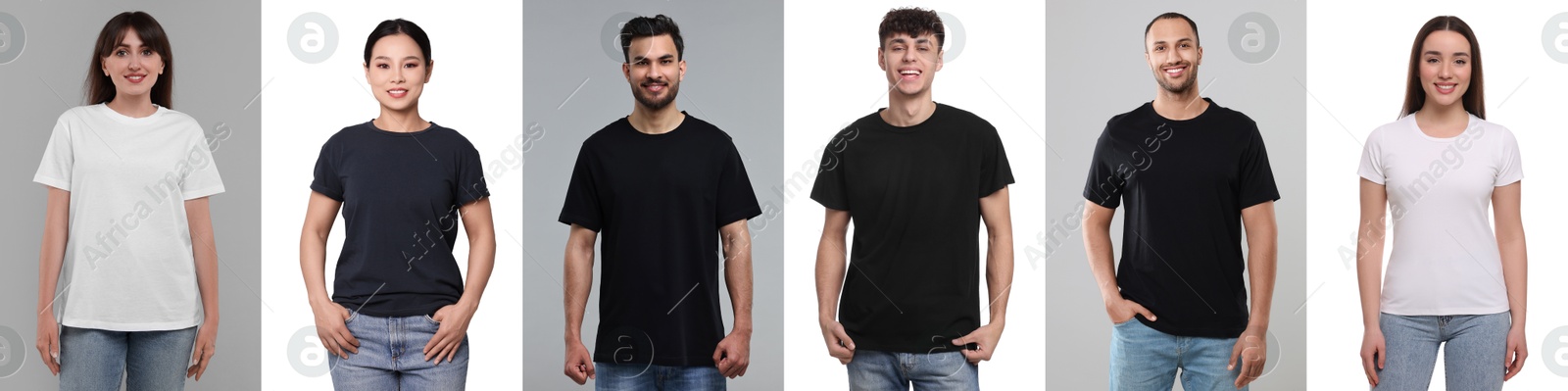 Image of People in different t-shirts against white and grey backgrounds. Mockup for design