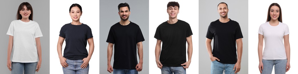 Image of People in different t-shirts against white and grey backgrounds. Mockup for design