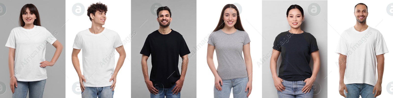 Image of People in different t-shirts against white and grey backgrounds. Mockup for design
