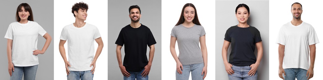 Image of People in different t-shirts against white and grey backgrounds. Mockup for design