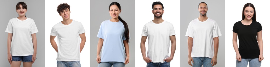 Image of People in different t-shirts against white and grey backgrounds. Mockup for design