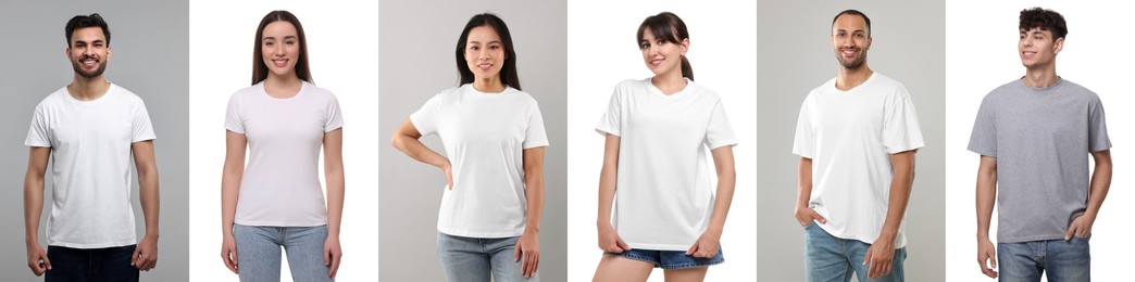 Image of People in different t-shirts against white and grey backgrounds. Mockup for design