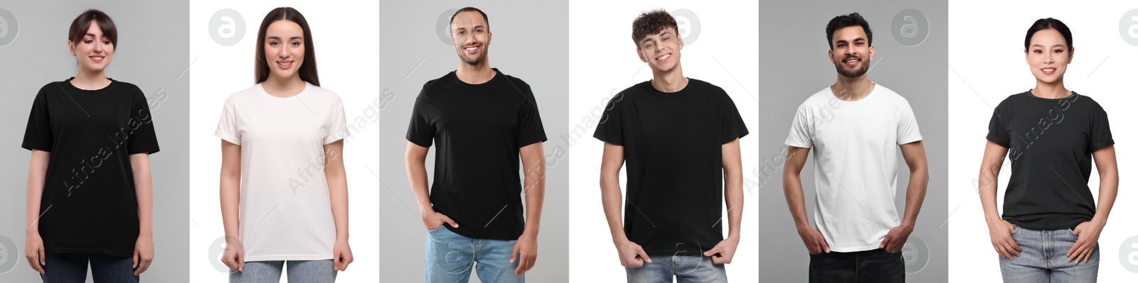 Image of People in different t-shirts against white and grey backgrounds. Mockup for design