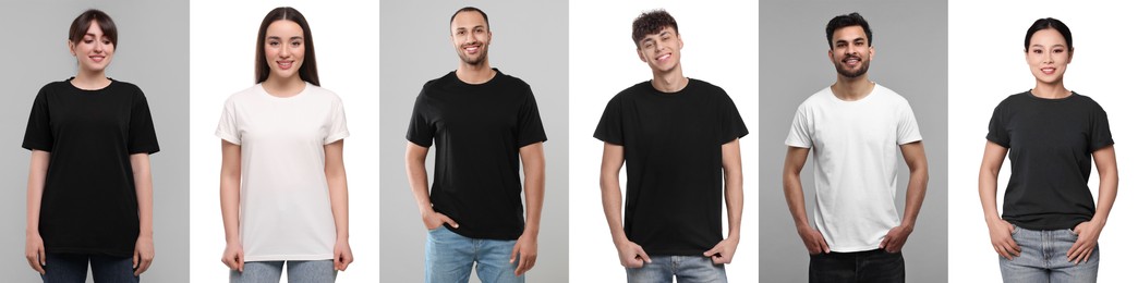 Image of People in different t-shirts against white and grey backgrounds. Mockup for design