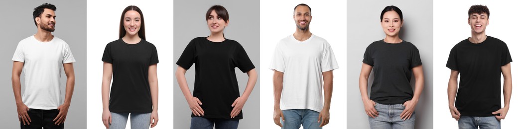 Image of People in different t-shirts against white and grey backgrounds. Mockup for design