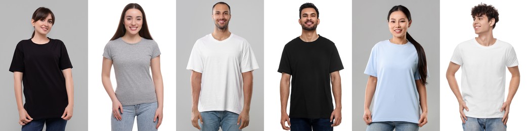 Image of People in different t-shirts against white and grey backgrounds. Mockup for design