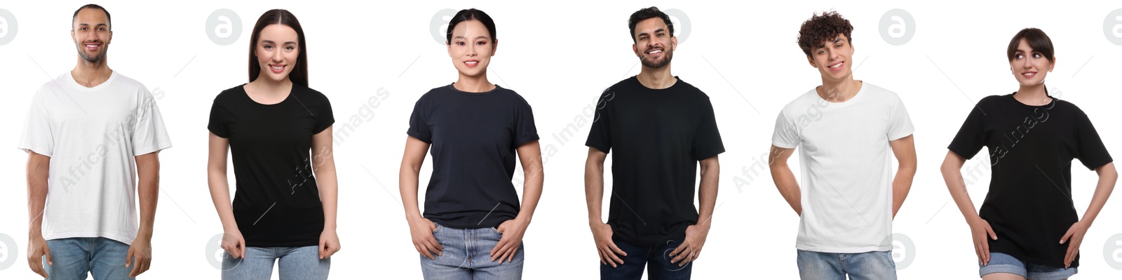 People in different t-shirts against white background. Mockup for design Image of People in different t-shirts against white background. Mockup for design