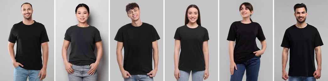 Image of Different people in black t-shirts against grey background. Mockup for design