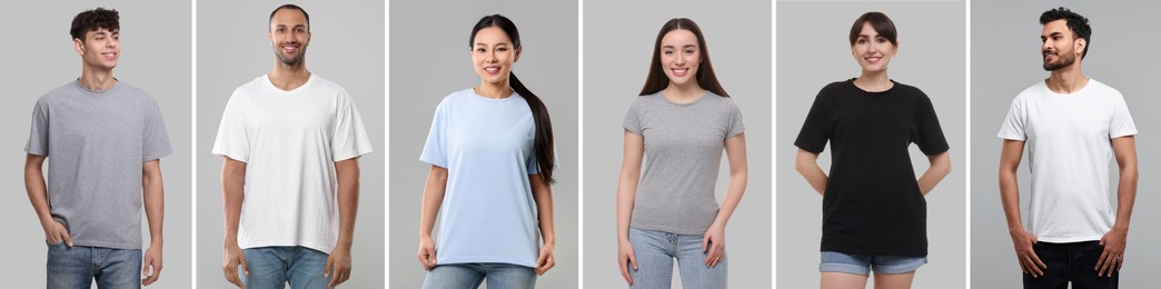 Image of People in different t-shirts against grey background. Mockup for design