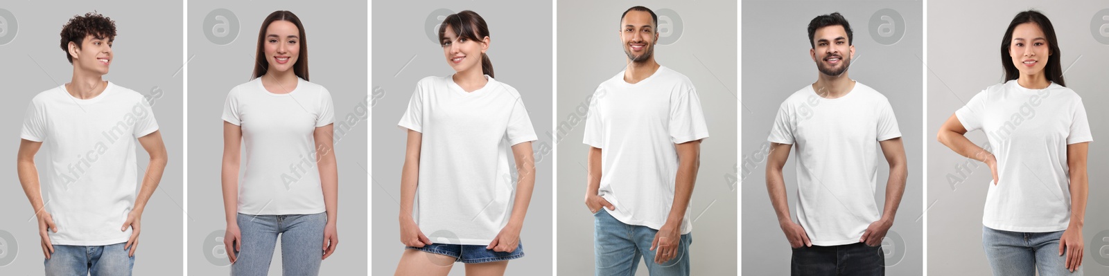 Different people in white t-shirts against grey background. Mockup for design Image of Different people in white t-shirts against grey background. Mockup for design