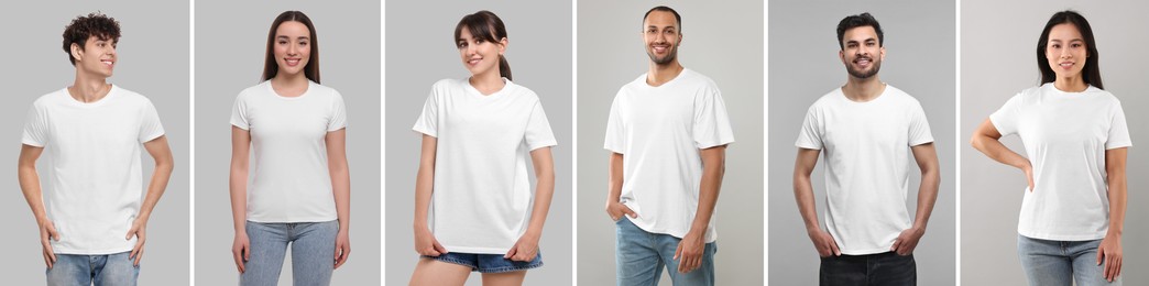 Image of Different people in white t-shirts against grey background. Mockup for design