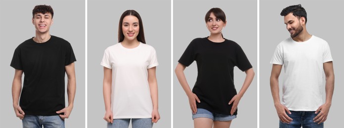 Image of People in different t-shirts against grey background. Mockup for design
