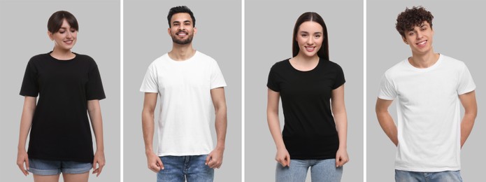 Image of People in different t-shirts against grey background. Mockup for design