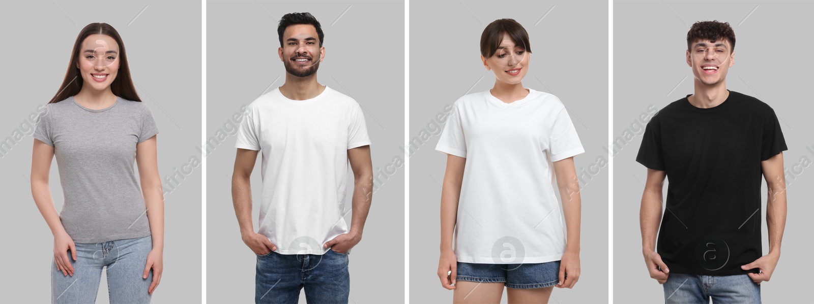 Image of People in different t-shirts against grey background. Mockup for design