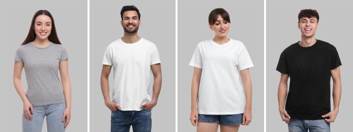 Image of People in different t-shirts against grey background. Mockup for design