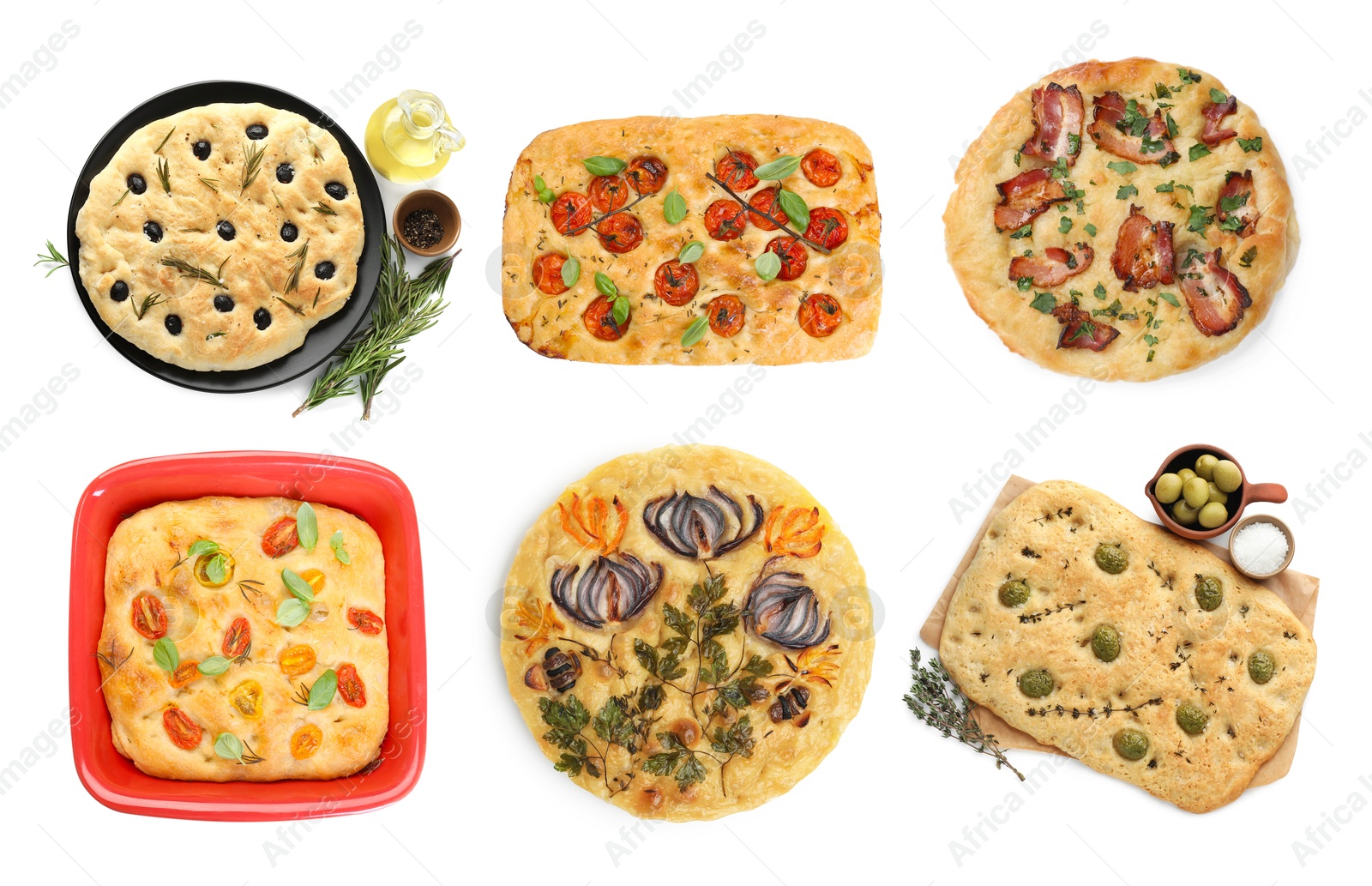 Image of Traditional focaccia with different toppings on white background, collage. Top view