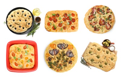 Image of Traditional focaccia with different toppings on white background, collage. Top view