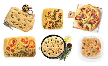 Image of Traditional focaccia with different toppings on white background, collage. Top view