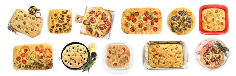 Image of Traditional focaccia with different toppings on white background, collage. Top view
