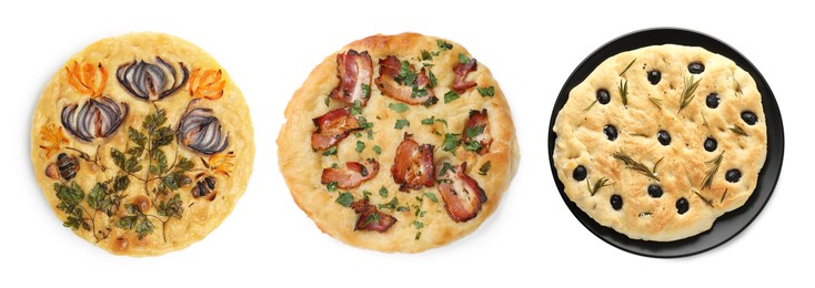 Image of Traditional focaccia with different toppings on white background, collage. Top view