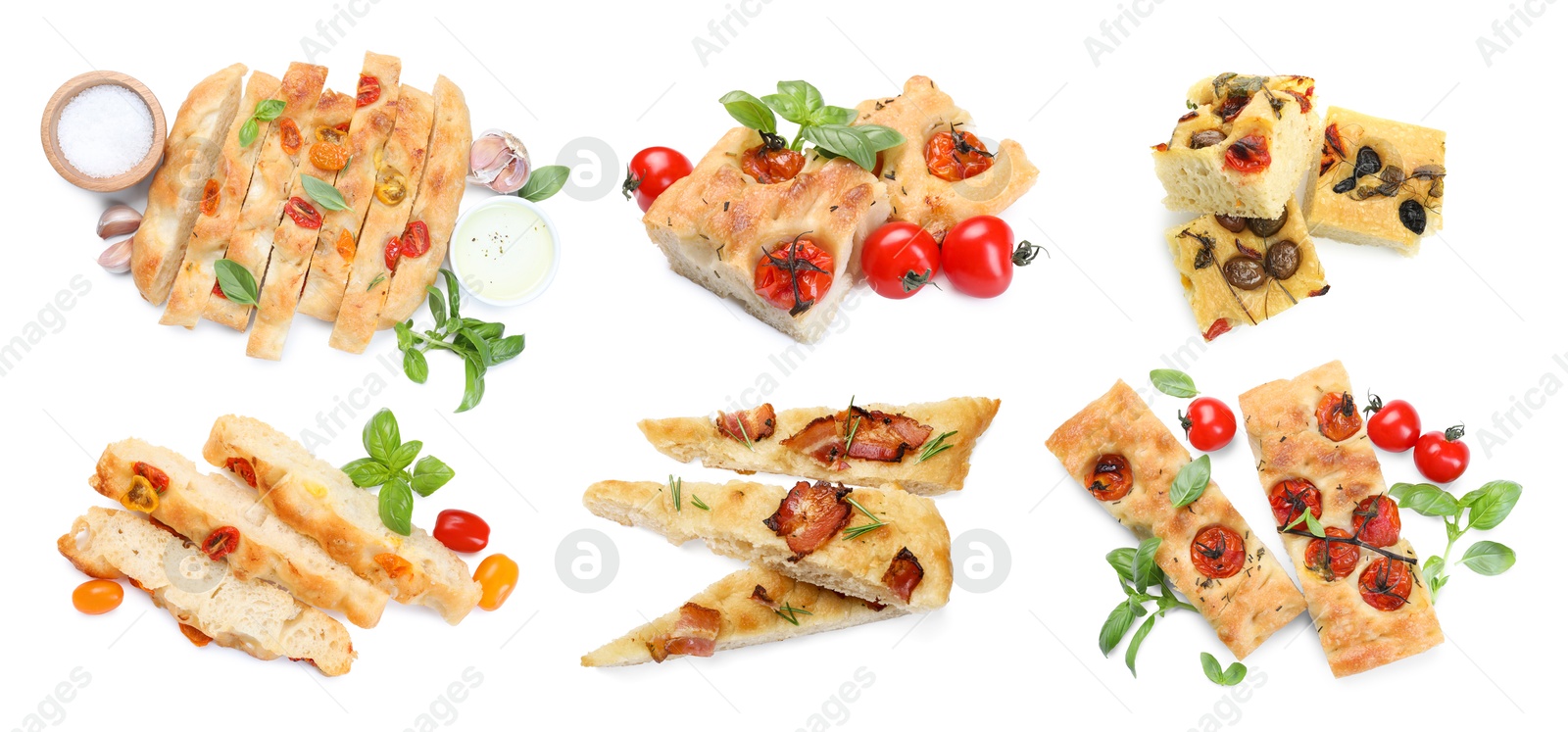 Image of Cut traditional focaccia with different toppings on white background, collage