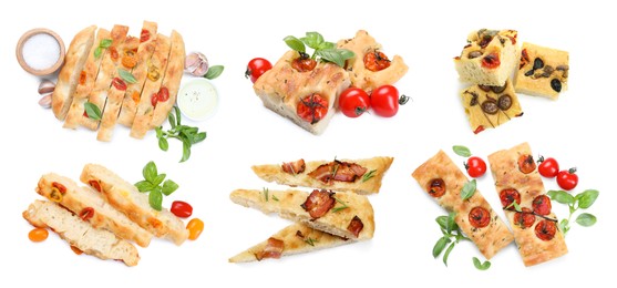Image of Cut traditional focaccia with different toppings on white background, collage
