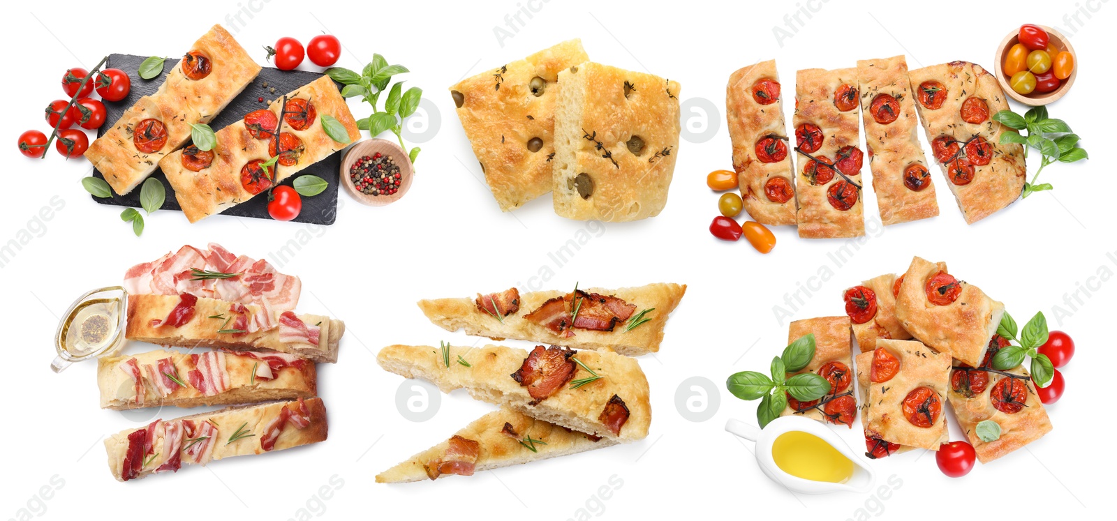 Image of Cut traditional focaccia with different toppings on white background, collage. Top view
