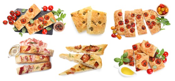 Image of Cut traditional focaccia with different toppings on white background, collage. Top view