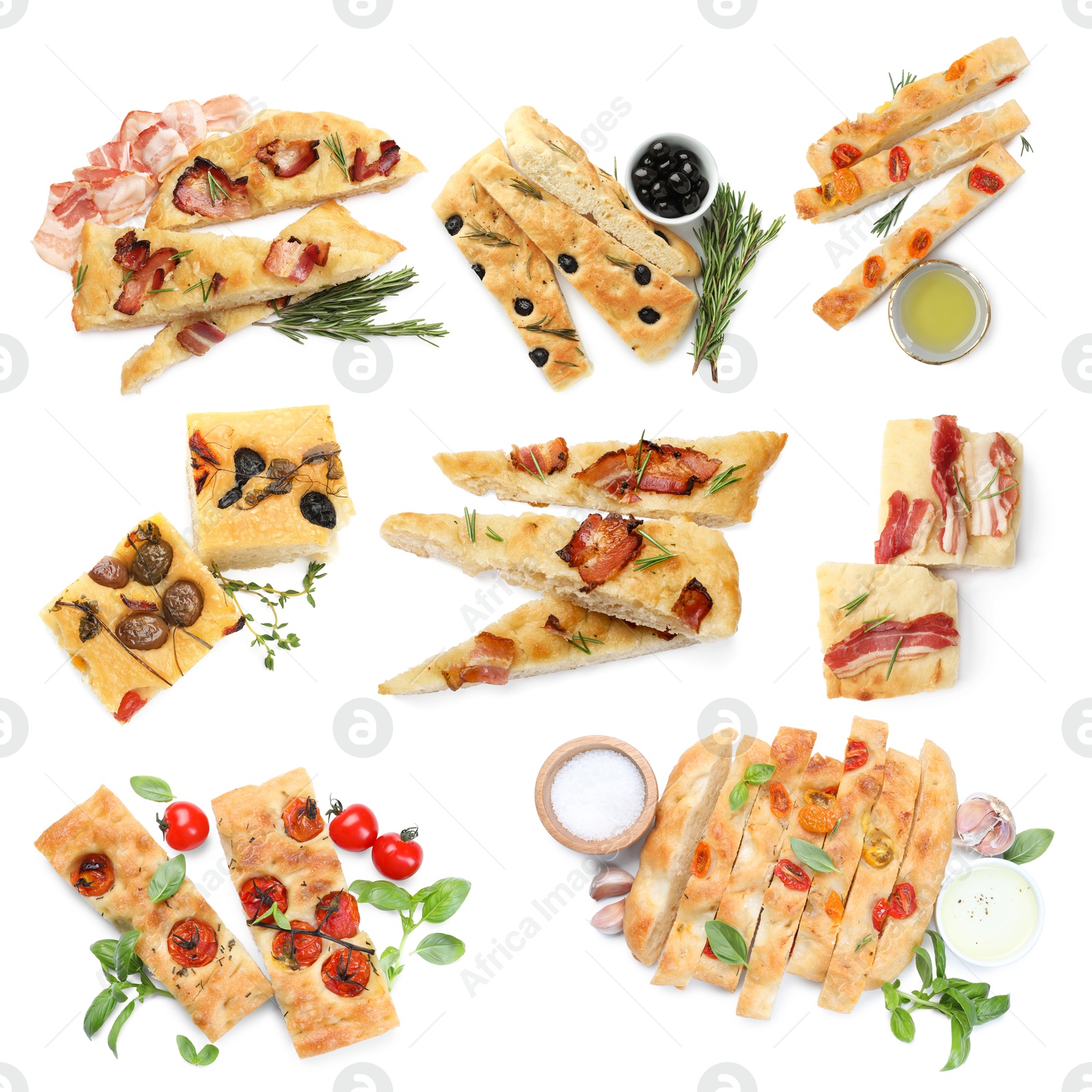 Image of Cut traditional focaccia with different toppings on white background, collage. Top view