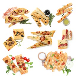 Image of Cut traditional focaccia with different toppings on white background, collage. Top view