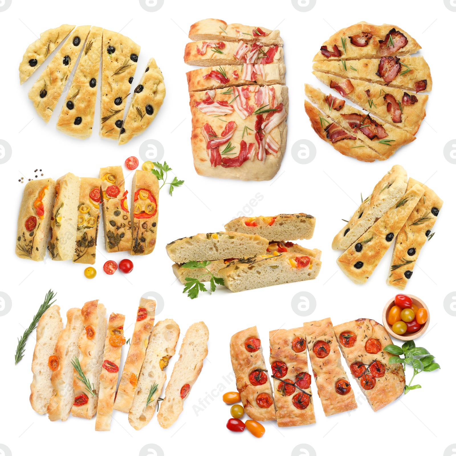 Image of Cut traditional focaccia with different toppings on white background, collage